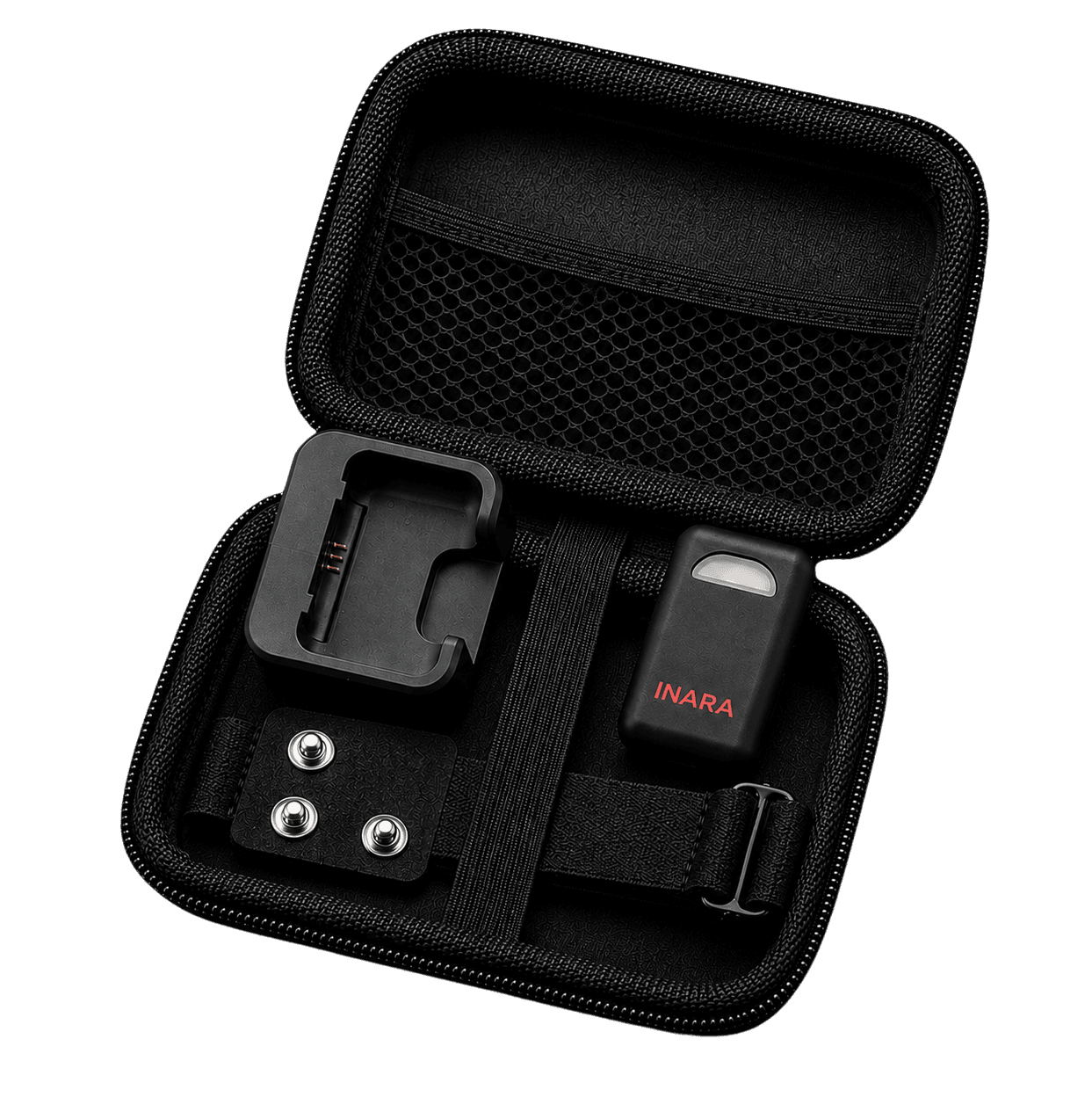 Inara sensor kit with charger, electrodes, and strap.